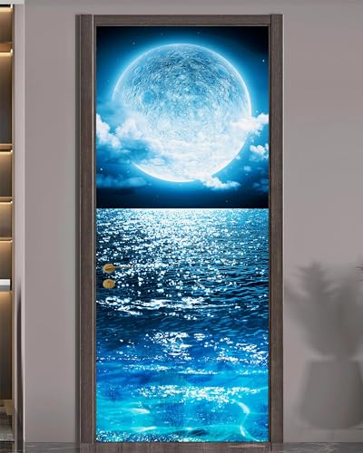 FLFK Door Sticker - Door Mural Peel and Stick, Removable Self-Adhesive Ocean Moon Wallpaper for Home Decor, 30.3 W x 78.7 L, Set of 2 Sheets