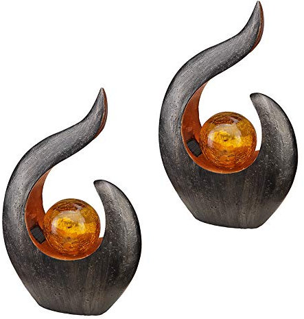 2x LED-Solar-Außen-Garten-Leuchte-Lampe VOILE, Kunststoff mit Crash-Glas-Kugel amber, Dämmerungssensor IP44, Dekorations-Garten-Boden-Treppen-Leuchte-Lampe