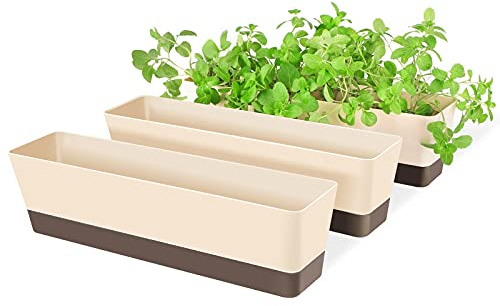 Fönsterlåda örtplantor, Suream 3-pack 40 x 9,5 cm inomhus rektangel suckulent kaktus växtkrukor med fat, modern plastblombehållare för fönsterbräda, trädgård balkong, hemmakontor utomhusdekor