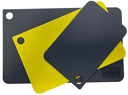 Fackelmann Set 3 Taglieri in Plastica Flessibile XSlim, 3 misure in Colorazioni Grigio e Giallo a norma HACCP, Lavabili in lavastoviglie 38,5 x 24 cm - 31,5 x 20 cm - 24,5 x 16 cm