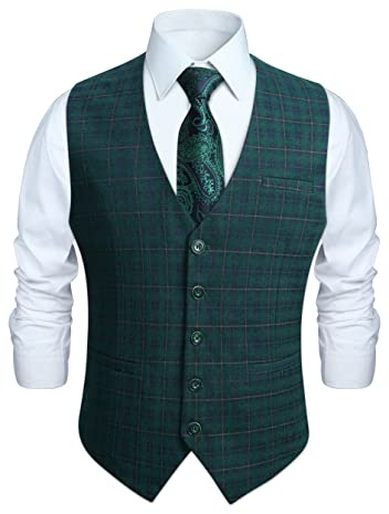 HISDERN Hommes Gilets de Costume Mariage Formel Business Classique Carreaux Casual Gilet Vert XL
