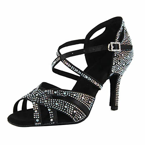 Syrads Zapatos de Baile Latino para Mujer Zapatos de Baile de salón Brillantes para Mujer Salsa y Bachata Zapatos de Diamantes de imitación Zapatos de Baile de salón,Negro 8.5cm Heel,36 EU