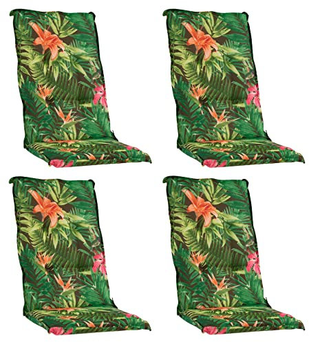 Nicht Zutreffend Gartenstuhlauflagen Hochlehner 4er Set - 120 x 50 cm - Grün - Dschungelmotiv - Baumwolle - Polyester - Sesselauflage Sitzpolster Stuhlauflage
