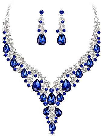 Clearine Matrimonio Sposa Jewellery Set Goccia Strass Cluster Statement Collana Orecchini Pendenti Bigiotteria per Donne Navy Blu Argento-Fondo