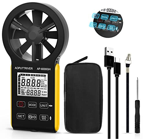 Anemometro, misuratore di CFM, anemometro a sfioramento con temperatura, 5 unità di velocità, retroilluminazione, mantenimento dei dati per volume d'aria, bocchette HVAC, barca a vela-AP-6000GH