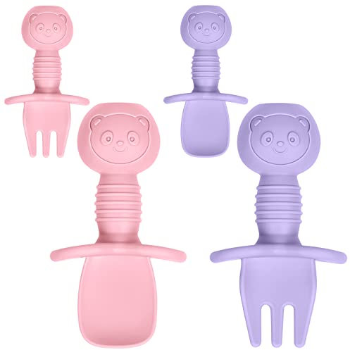 Vicloon Babylöffel, 4 Stück Baby Fütterlöffel aus Extra Weich Silikon, BPA Frei Baby Gabel und Löffel Set, Babybesteck für Baby, Kleinkind, Kinder-violett + rosa