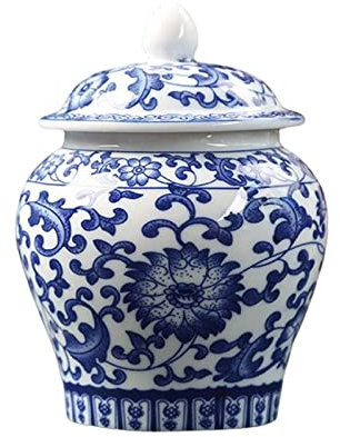 LOVIVER Chinese Blue White Porcelain Decorative Temple Jar Vase with Lid with Fine Glaze Finish for Weddings, Party, Home Office Decor Elegant