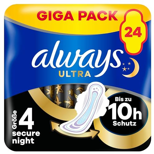 Always Ultra Sanitary Pads Women's Size 4, Secure Night (24 Sanitary Towels with Wings) Giga Pack, Thin and Super Absorbent, Odour-Neutralising and Leakage Protection