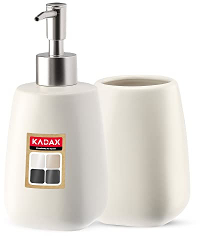 KADAX Lot de 2 accessoires de salle de bain en céramique, accessoires de bain, distributeur de savon, gobelet de salle de bain, porte-savon et brosse WC (gobelet et distributeur, blanc)