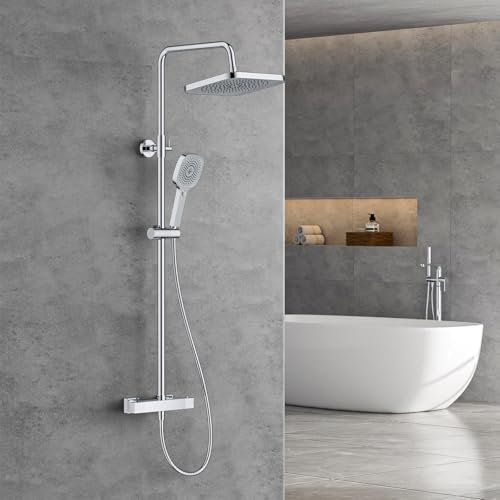 FORIOUS Thermostatic Shower Mixer Set - Stainless Steel Bar with 25cm Square Overhead Rainfall, 3-Jet Types Hand Shower, Adjustable Height Rod Shower System