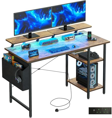 DOMSHOCT Gaming Desk with LED Lights & Power Outlets, Reversible Computer Desk with Storage Shelves,Small corner desk, for Home Office & Study, 100×50cm Brown