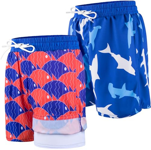 BIG ELEPHANT Pack de 2 Pantalones Cortos de Baño para Niños con Forro Compresivo, Traje de Baño Infantil UPF 50+, Pantalones de Natación de Secado Rápido