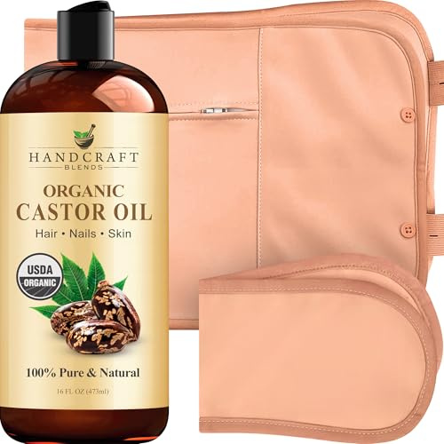 Handcraft Blends Organic Castor Oil with Pack Wrap - 473 ml | 100% Pure & Natural, Expeller-Pressed, Hexane-Free, Rich in Ricinoleic Acid, with Durable, Reusable Neck & Stomach Wraps