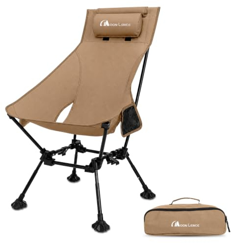 MOON LENCE High Back Folding Camping Chairs, Height-Adjustable, Widened Seat, for Beach with Anti-Sinking Feet (Khaki)