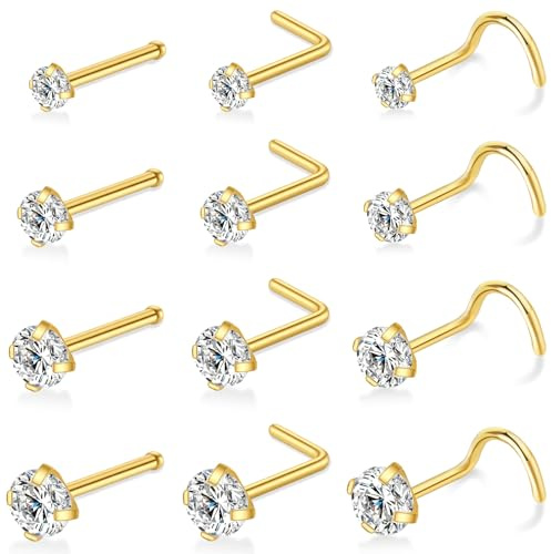 LFZFCXCYou 12 Pcs Gold Surgical Steel Nose Rings Studs Set for Women 20G Nose Piercing Stud 14K Gold Nose Studs Set Jewelry for Women Men Nose Piercings Jewelry Gift Piercing Jewelry 0.8mm