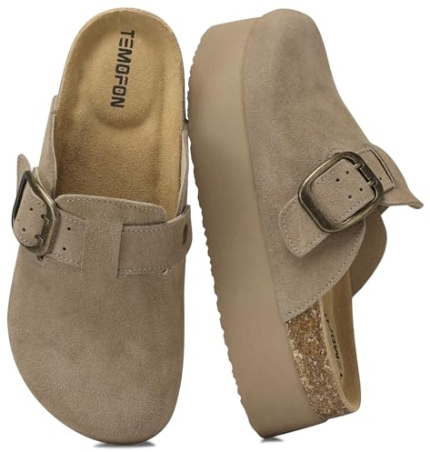 TEMOFON Genuine Suede Clogs for Women: Comfortable Leather Platform Mules & Clogs for Women Footwear - Cork Footbed Closed Toe Sandals Potato Shoes Khaki Size 10