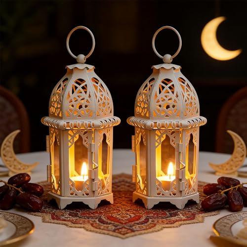 2 Stück Deko Hängend Kerzenlaterne, Ramadan Deko Laterne, Weiß Marokkanische Laterne Deko, Kleine Teelichthalter Metall Glas für Tischdeko Heim Schlafzimmer Wohnzimmer