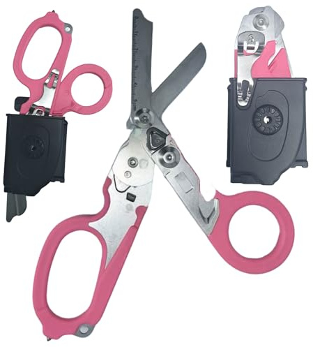 6 in 1 Multi-Function Pieghevole Forbici Trauma con fondina compatibile, Forbici di risposta di emergenza Outdoor Camping Rescue Tools con Strap Cutter e Glass Breaker (Rosa)