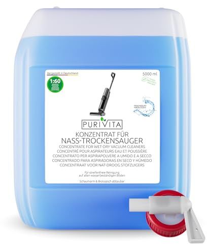 PURIVITA® Nettoyant Sol Concentré Aspirateur Laveur – Fraîcheur, 5L | Sans traces, séchage rapide, peu moussant & sans rinçage – parfum agréable, pour aspirateurs laveurs et tous sols durs