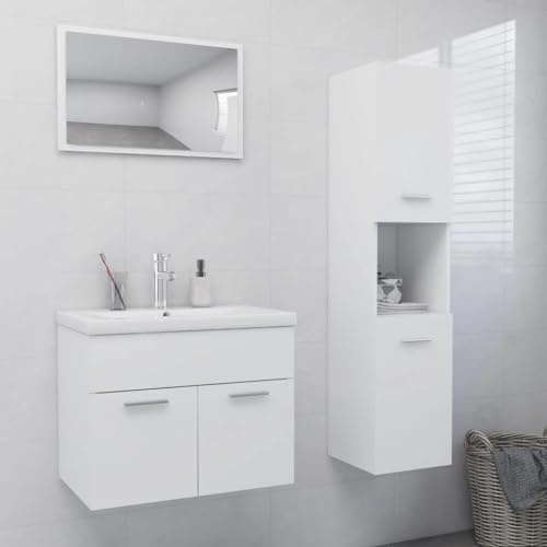 Traylux badrumsmöbler set vitt trämaterial med tvättställ, spegel, högskåp och underskåp för badrum förvaringsutrymme väggmontering modern design