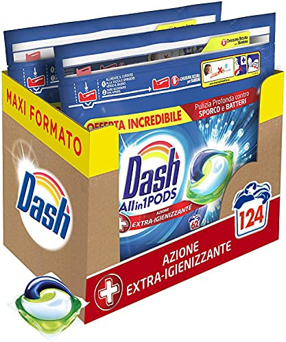Dash Pods Detersivo Lavatrice In Capsule, 124 Lavaggi (2x62), Azione Igienizzante, Maxi Formato, Per Un Pulito Igienizzato, Efficace Anche a Bassa Temperatura