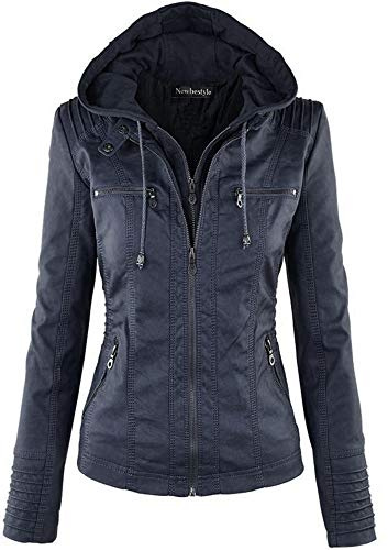 Newbestyle Veste Cuir Femme Fermeture Éclair Manteaux à Capuche Court Veste Blousons femme,dark blue,L