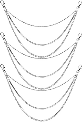 SIMDAO 3Pcs Pant Chains, Long Metal Chain,32/42/52cm Triple Jeans Chains, Silver Trouser Chain with Two Lobster Clasps, Wallet Chain Hip Hop Gothic Punk Trousers Chain for Men and Women