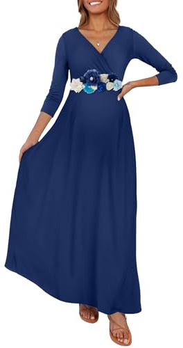 KIM S Mammaklänning, maxiklänning med blomband, omlottklänning, rynkad och V-ringad klänning för fotografering och babyshower (storlek S–3XL), marinblå, XXL