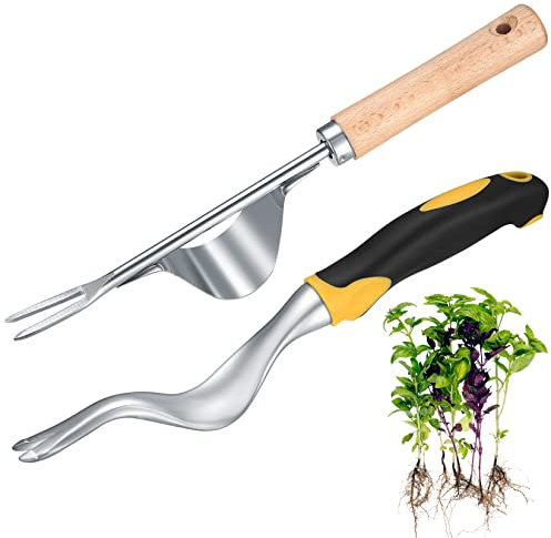 TOOINKCV 2 Piezas Desherbador Manual, Acero Inoxidable, Desherbador de Raíces con Mango de Madera, Desherbador Manual para Herramientas de Jardín, Extractor de Hierbas para Excavar, Desplantar