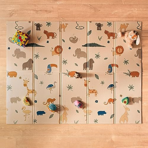 Nuby - Alfombra Bebe Acolchada Plegable Reversible Safari - Tapete Bebe Ligero Para Jugar En El Suelo - Alfombra Infantil Grande Con Diseño De Animales - Suelo Bebes Acolchado Portátil - 150x200 cm