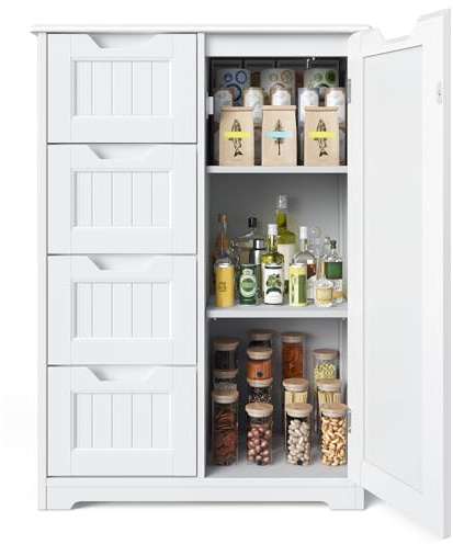Gizoon Small Pantry with Door and Shelves, 33'' Kitchen Pantry Storage Cabinet Freestanding Wooden Bathroom Storage Cabinet with 4 Drawers for Kitchen and Dining Room, White
