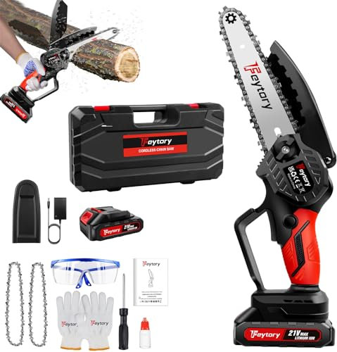 Mini Chainsaw Cordless 6-Inch Handheld Small Chain Saw with Battery & Charger, 21V Battery Powered Portable Electric Mini Chainsaw with Safety Lock for Courtyard Garden Household Tree Branch Trimming