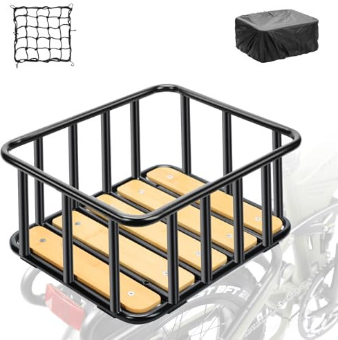 PIREKZUNT Bike Rear Basket with Waterproof Cover, Cargo Net, Wooden Base, 13.8X11.8X6.7 Heavy Duty Metal Ebike Rear Basket