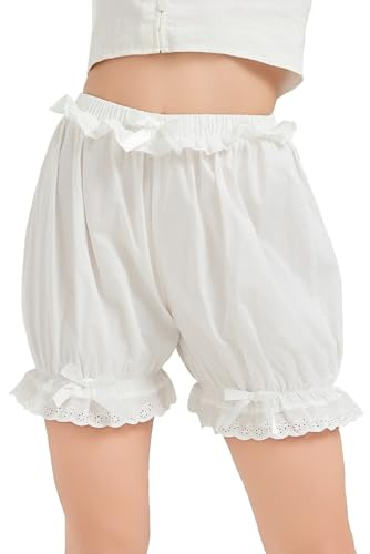 BEAUTELICATE Bloomers Short à Volants De Femme Été Jupon en 100% Coton Culotte Bouffantes Renaissance Lolita Pumpkin Pantacourt Pantalon Déguisement Costume(Blanc Brut, L)