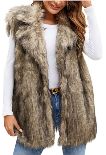 Faux Fur Gilet Women UK Plus Size Fluffy Fake Fur Vest Sleeveless Elegant Furry Waistcoats Lightweight Casual Bodywarmer Vest Coats V Neck Fuzzy Gilet Coats Winter Thermal Vest Jacket