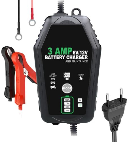 Rrlihjgu Cargador de Batería de Coche y Moto, 6V/12V, 3A, Mantenimiento de Batería, Control de Botón, Lento