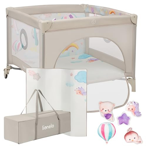 lionelo Parque de Juegos Infantil Mille Plus hasta 15 kg, de 0 a 36 meses, Entrada Lateral, Base acolchada 3D, 2 Ruedas con Freno, Plegable, Bolsa de Transporte incluida