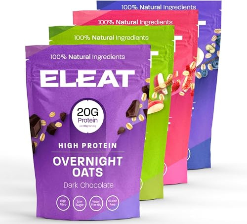 ELEAT | High Protein Overnight Oats | Apple & Cinnamon, Chocolate, Mixed Berries, Blueberry & Vanilla | Low Sugar & High Fibre Breakfast | Vegan & Gluten Free | Mixed Bundle 4 x 400g