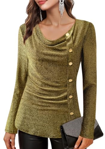 Bodhi talk Blouse Women's Elegant Glitter Long Sleeve Shirt with Waterfall Neck Festive Tops for Party and New Year's Eve, black-gold, M