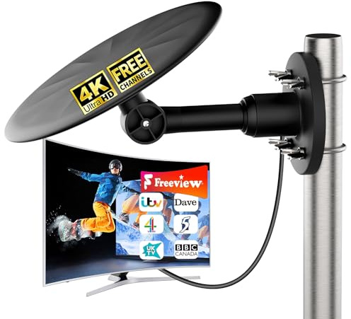 2025 Upgrade Outdoor TV Aerial with Booster Amplifier – Long Range & 360° Reception,Compatible with 4K/1080p Smart TVs & Freeview, Easy Setup HD Antenna with 32ft Coaxial Cable (Black)