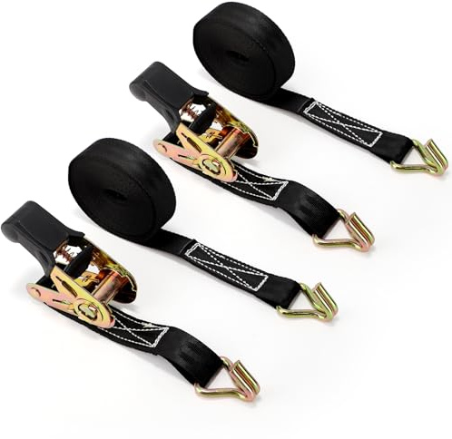 Cinghie di serraggio con cricchetto e gancio, 6 m x 25 mm, set di cinghie di fissaggio nero, cinghie di fissaggio con cricchetto, per moto, auto, rimorchi, casa
