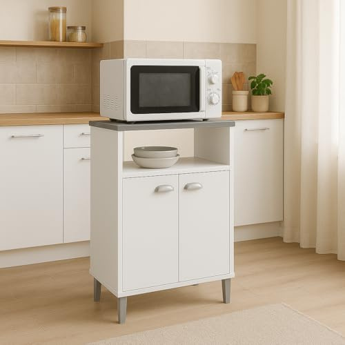 Meyvaser.com Ecommerce Company Armario Microondas Blanco con Tapa Gris Grafito y 2 Puertas – 58x41x95 cm – Mueble Auxiliar de Cocina en Melamina Moderna