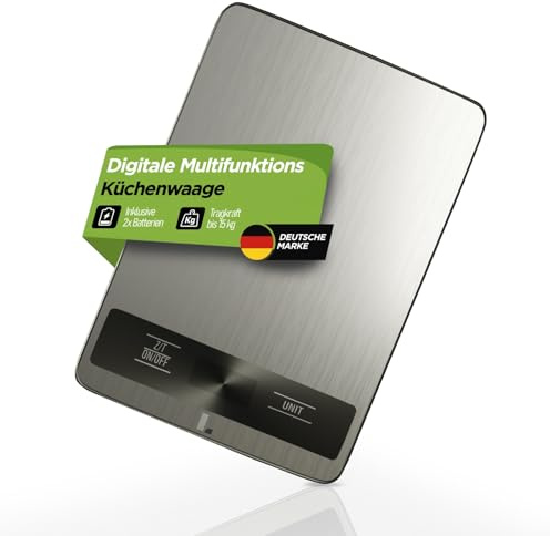 LUNARIA Digitale Küchenwaage 15 kg [PREMIUM] – hochpräzise Lebensmittelwaage aus Edelstahl/Kunststoff, große Wiegefläche, LCD-Display, Mehrfacheinheiten (g/kg/oz/lb/ml), batterie­betrieben