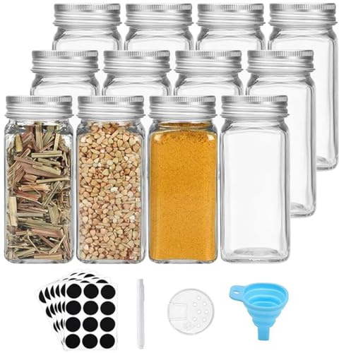 sengcengs Kryddburkar, fyrkantigt set med lock, 12 x 120 ml, kryddströare med ströinsats och svarta etiketter, kryddförvaring och kryddburkar, högkvalitativa kryddburkar