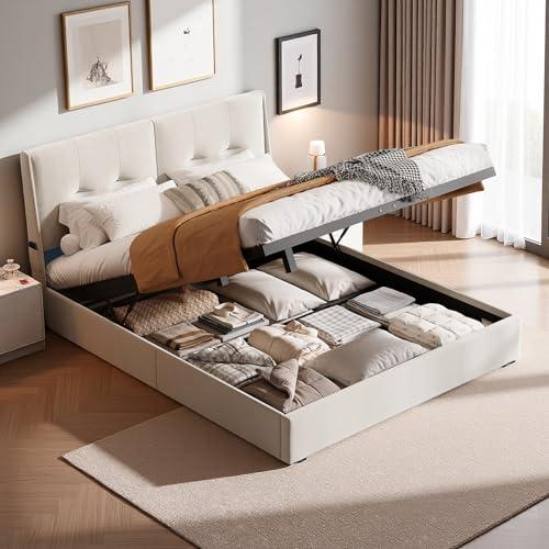 Zorvani Letto imbottito 160 x 200 cm a LED, letto matrimoniale idraulico, con spazio e rete a doghe, letto imbottito con rete a doghe, velluto, beige