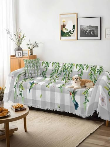 Spring Plants Sofa Cover Blanket Couch Covers for Armchair Cushion,Couch Sofa Silpcover with Tassel,Watercolor Leaves Birds Flowers Gray Plaid Living Room Throw Towel Blanket Covers XX-L 71x150