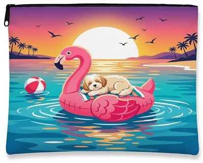 Funny Cavachon Dog Makeup Bag, Flamingos Lifebuoys Sea Cosmetic Travel Pouch for Women, Portable Small Canvas Zipper Organizer, Pet Toiletry Bag 7x9 Inch