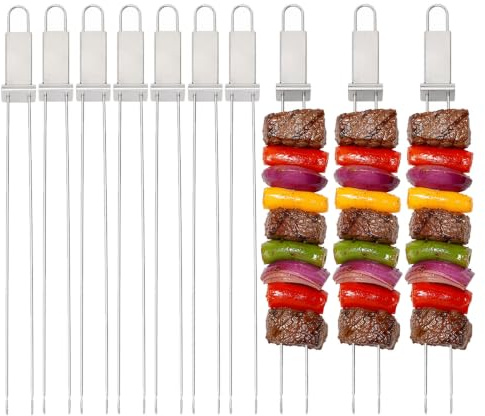 10 Pezzi Spiedini Acciaio 32 cm, Spiedini per Barbecue, Spiedi Piatti in Acciaio Inox con Spingitore, Supporto Spiedini Barbecue per Carne, Verdure, Kebab e Griglia