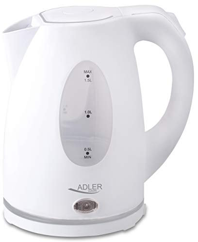 Adler AD-1207 Hervidor de Agua Eléctrico, 1,5 L, 2000W, Libre de BPA, Base Giratoria, 2000 W, 1.5 litros, 0 Decibeles, Blanco
