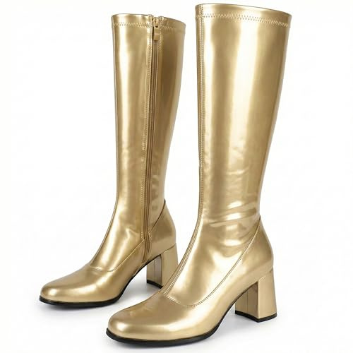 Golden Beads Womens Fancy Dress Party Go Go 1960s & 1970s Retro Look Girls Shoes Costume Heels Boots Zip Closure Size 3-12uk